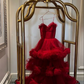 Red Ruffled Tiered Tulle Maxi Ball Gown Sweetheart Spaghetti Straps Ruffled A-Line Arabian Evening Gown Y4686