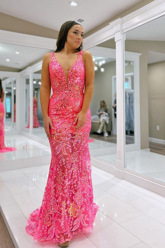 Pink Mermaid V Neck Sequin Lace Long Prom Dress Y6103