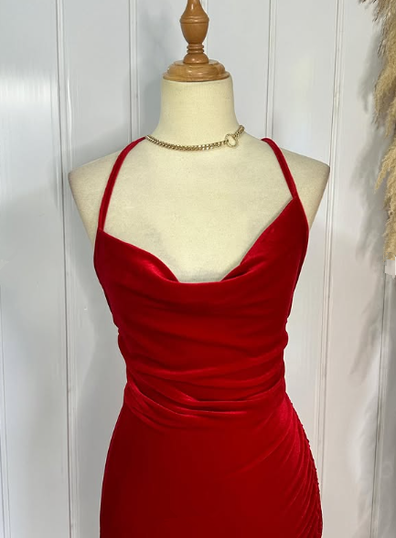 Sexy Red Spaghetti Straps Red Velvet Evening Dress Mermaid Prom Dress Y7816