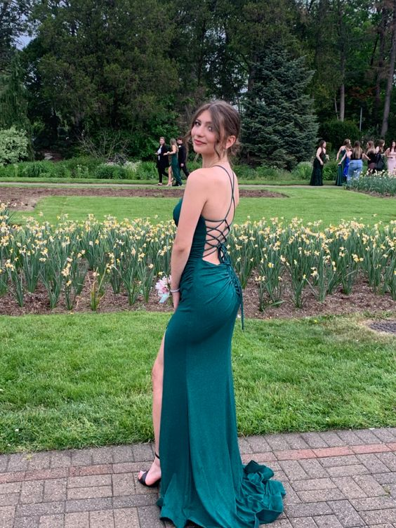 Elegant Dark Green Prom Dress Lace Tie Back Y7370