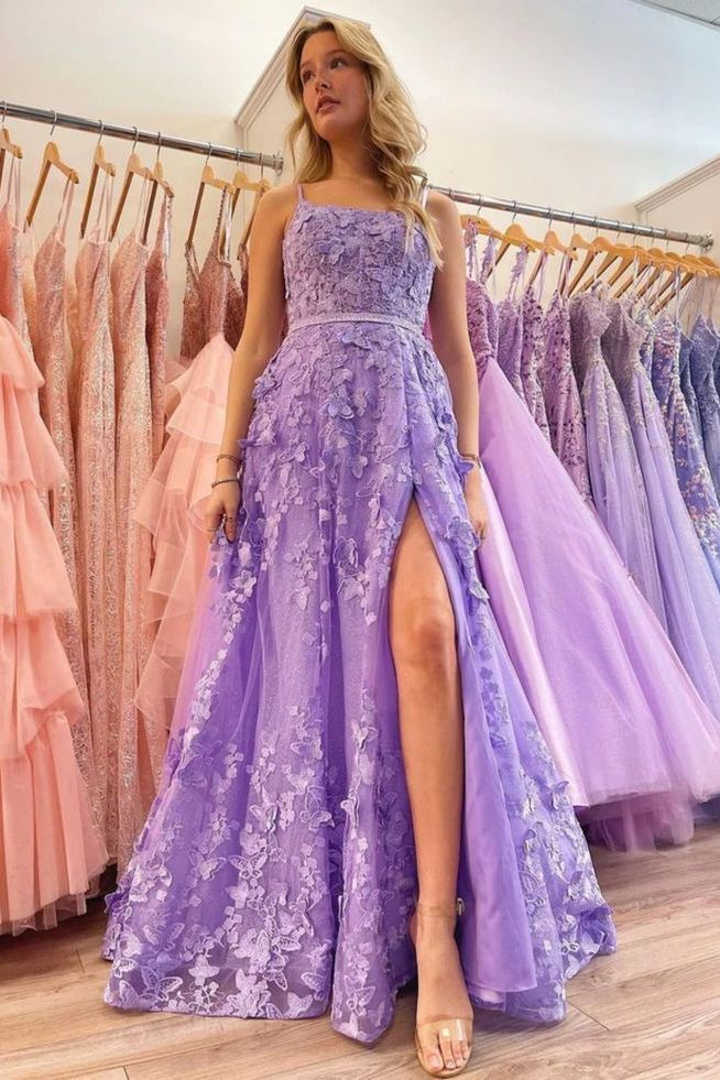 Pretty Lavender Spaghetti Straps A-Line 3D Lace Floral Long Prom Dress A Line Evening Dress Y7935