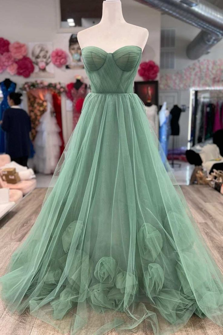Green Strapless Floral Long Prom Dresses, Green Formal Dresses, Green Tulle Evening Dresses Y4640