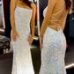 Sparkly Spaghetti Straps Mermaid White Sequin Prom Evening Dress Y8071