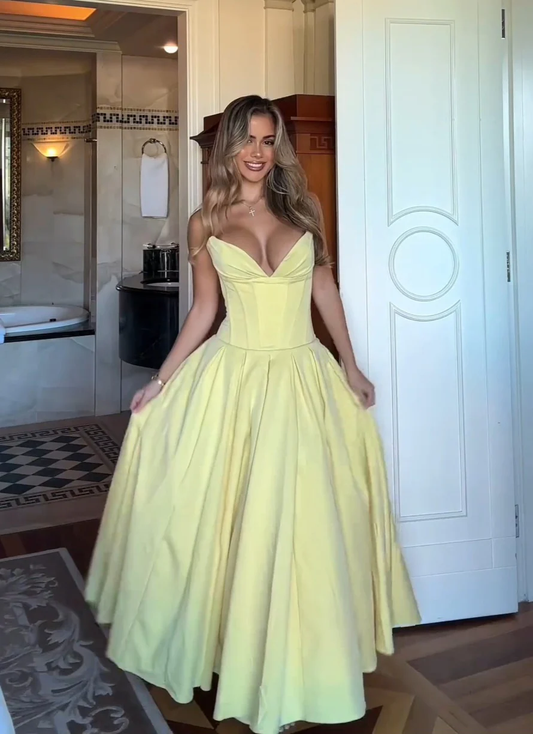 Strapless Yellow Satin A Line Party Dress Elegant Prom Dress Y7977