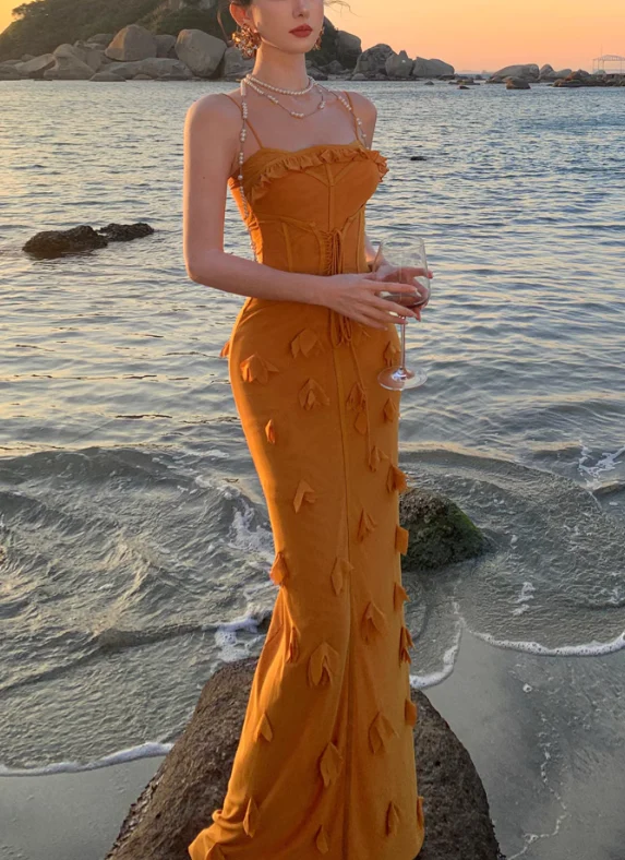 Unique Spaghetti Straps Orange Mermaid Evening Dress Formal Prom Dress Y7999