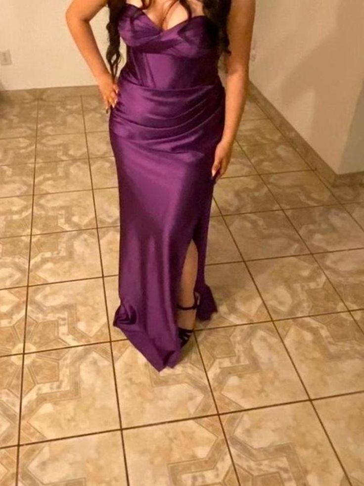 Vintage Purple Strapless Slit Satin Prom Evening Dress Y8113