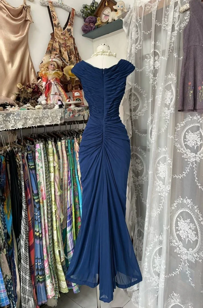 Vintage Navy Blue Chiffon Ruched Evening Gown ,Mermaid Party Prom Dress Y8076