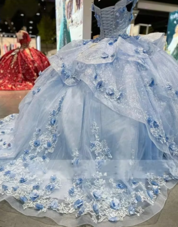 Gorgeous Blue Off The Shoulder Tulle Appliques Ball Gown Birthday Quinceanera Dress Y7835