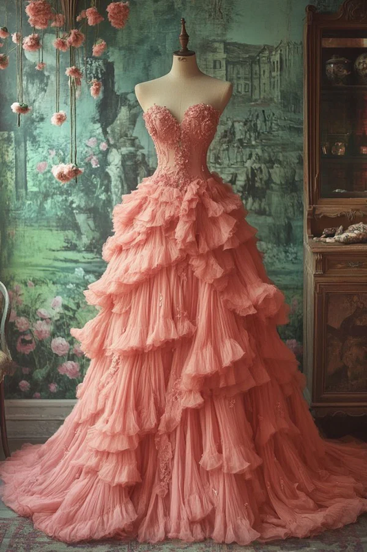 Gorgeous Pink Tulle appliques Pleated Ruffles Ball Gown,Multi Layered A Line Prom Dress Y8038