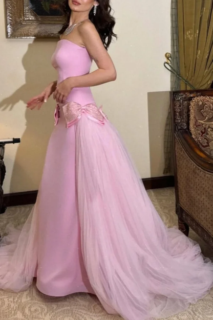 Sweet Pink Strapless Bow-Knot Long Prom Dress,Tulle Satin Evening Dress Y8053