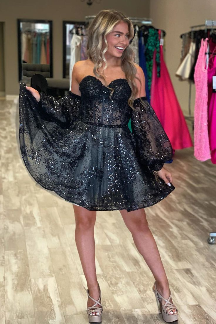 Black Lace Bustier A-Line Short Homecoming Dress with Detachable Sleeve  Y3000