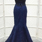 Navy Blue Lace Embroidered Lace-Up Trumpet Long Prom Dress Y6765