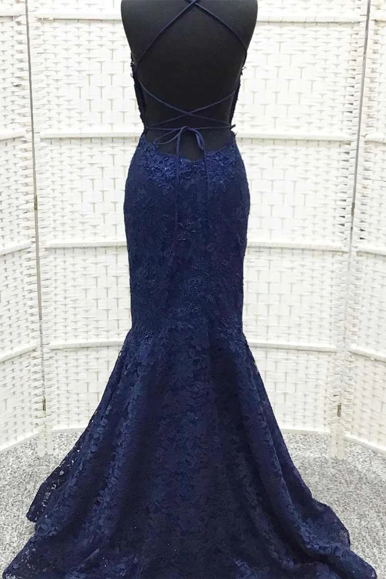 Navy Blue Lace Embroidered Lace-Up Trumpet Long Prom Dress Y6765