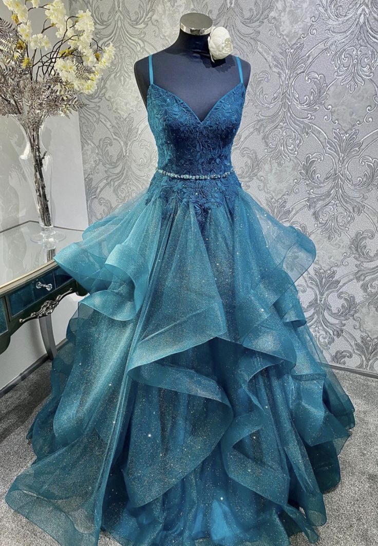 Shiny Blue V-neck Tulle Appliques Sequins Long Prom Dress, Spaghetti Strap Evening Dress Y8051