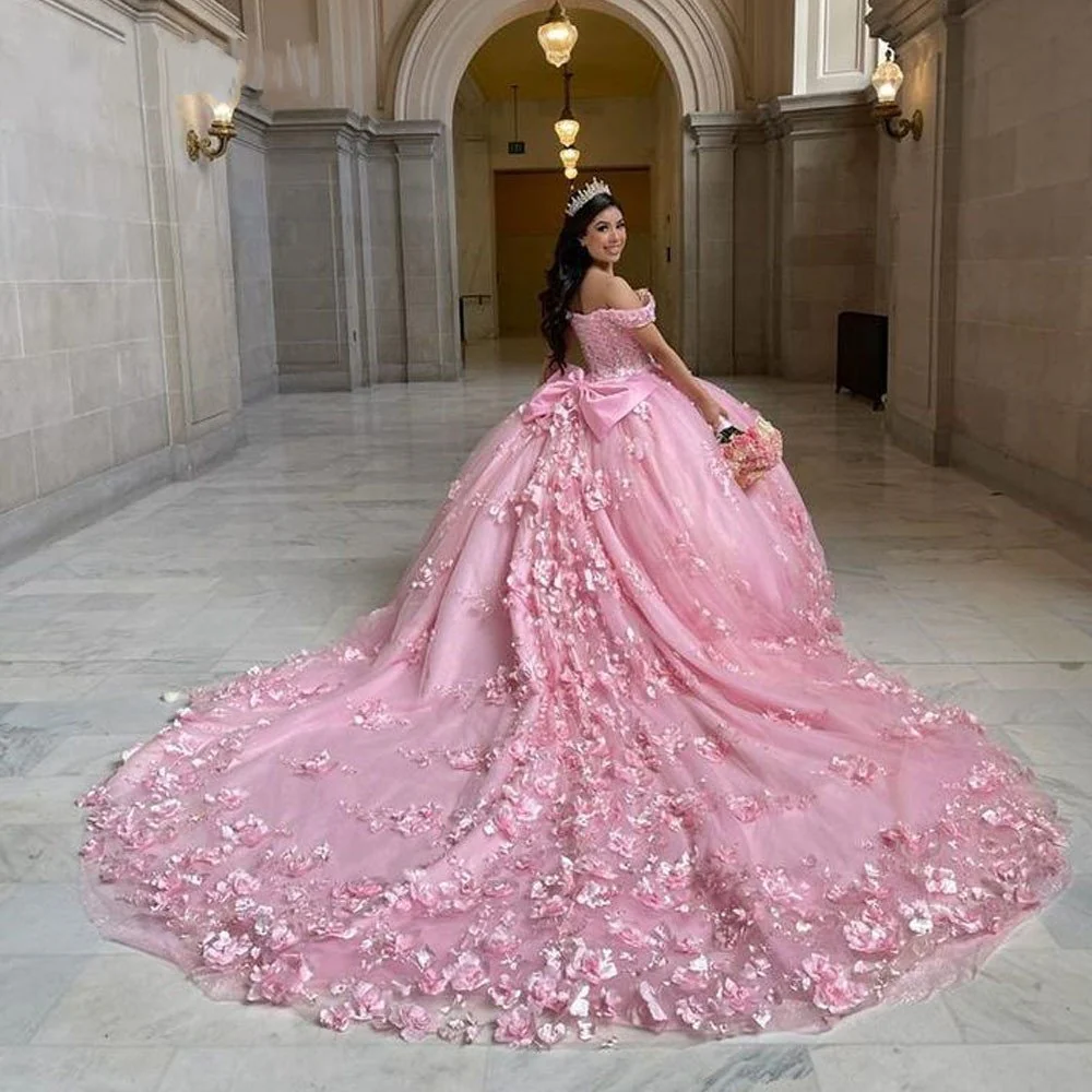 Pink Off Shoulder Ball Gown Quinceanera Dresses 3D Appliques Corset Dress Y6791