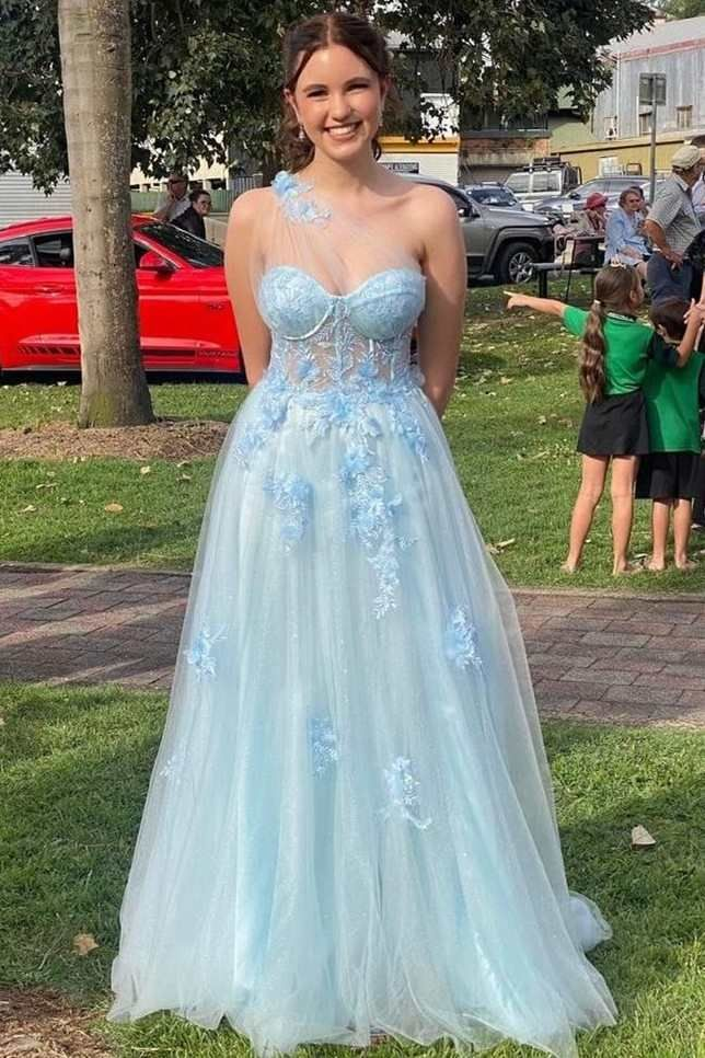 Light Blue One Shoulder Long Prom Dress Y6192