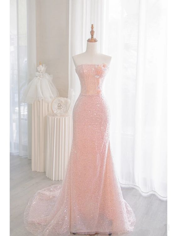 Mermaid Pink Sequin Sparkly Long Evening Prom Dress Y6654