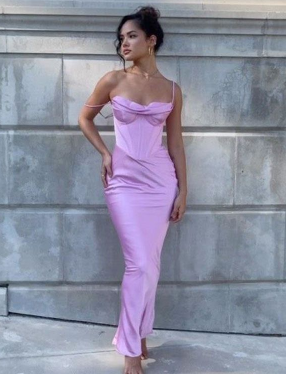 Simple Spaghetti Straps Lavender Satin Evening Dress,Sheath Party Prom Dress Y8094