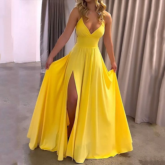 Yellow A-line V Neck Prom Dress,Yellow Bridesmaid Dress Y6074