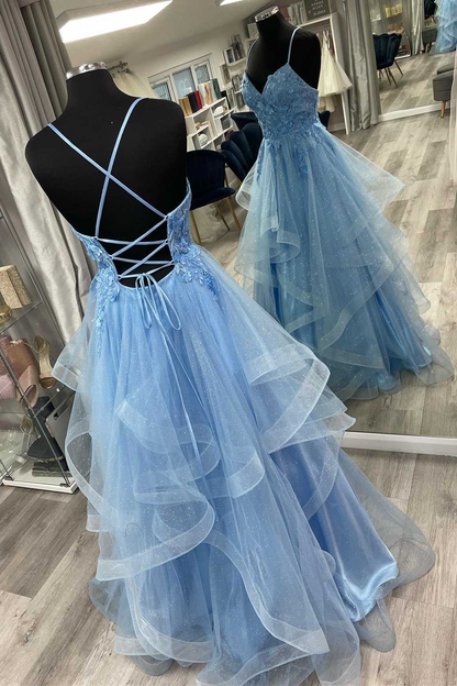 Blue Floral Appliques Lace-Up Tiered A-Line Prom Dress Y4218