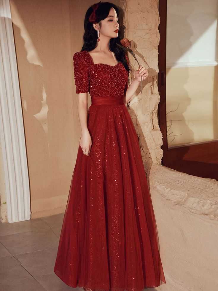 Burgundy A-line Beading Long Prom Dress, Burgundy Tulle Formal Dress Y5849