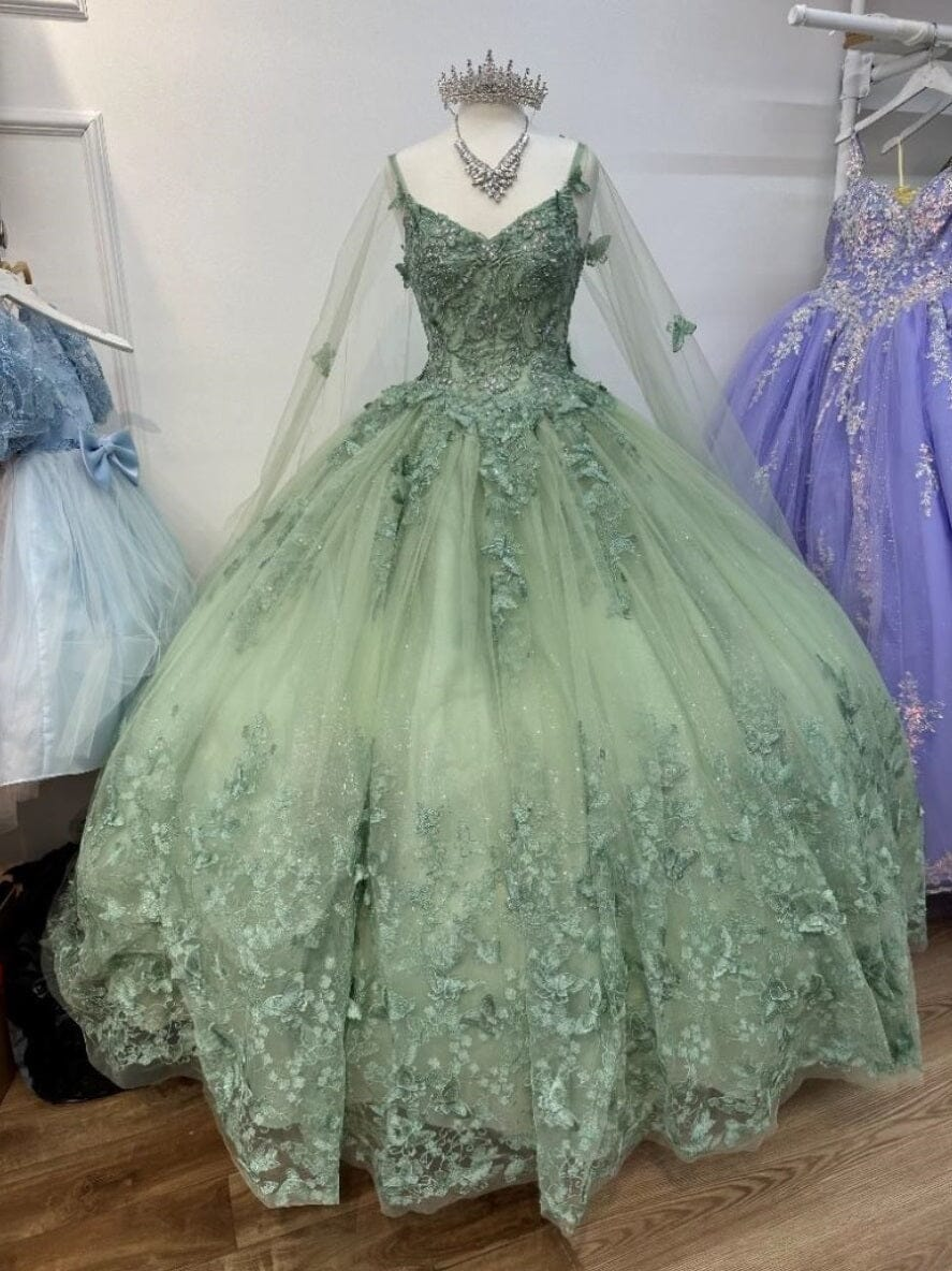 Sage Green 3D Butterfly Applique Cape Ball Gown Y2785