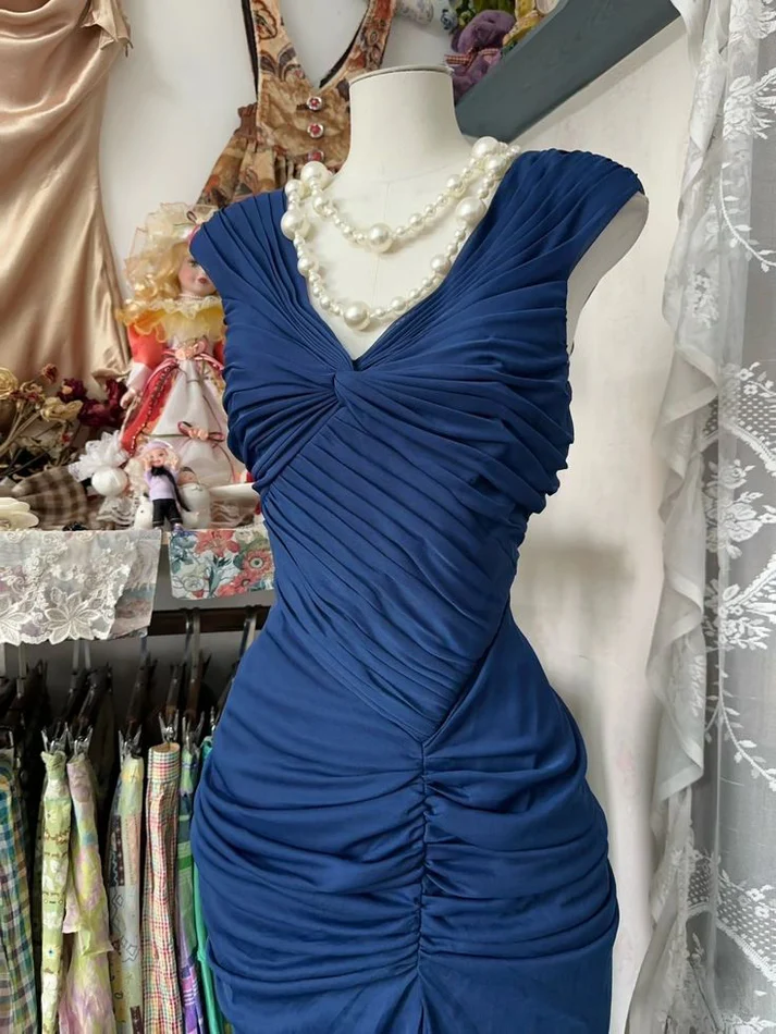 Vintage Navy Blue Chiffon Ruched Evening Gown ,Mermaid Party Prom Dress Y8076