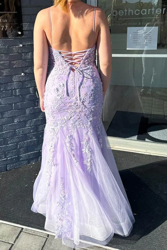 Lilac Spaghetti Straps Lace Appliques Mermaid Prom Dress Long Evening Gown Y7933