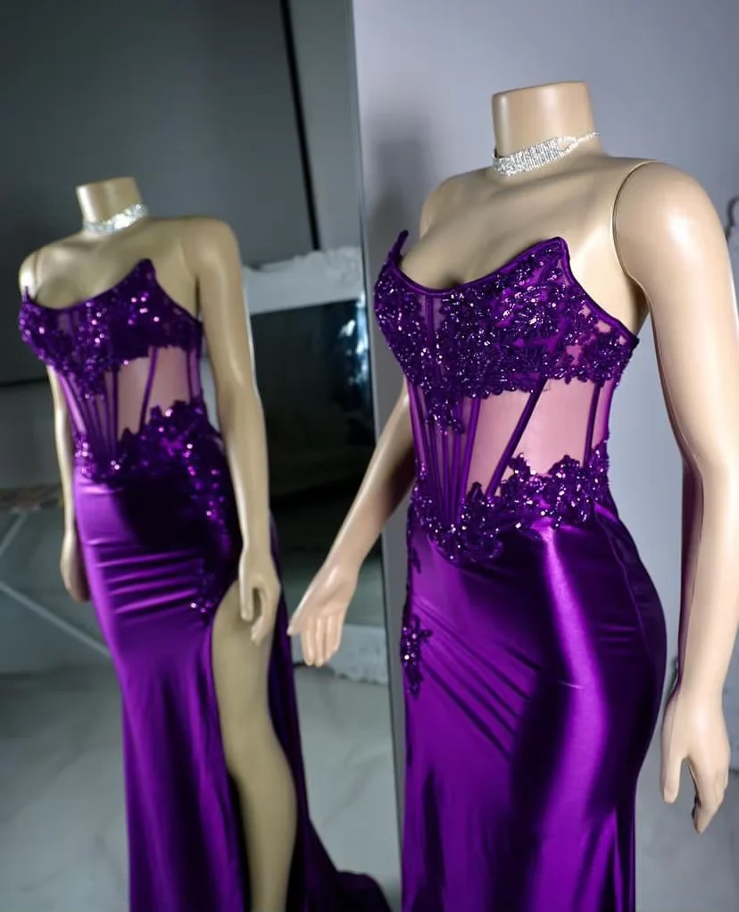 Purple Strapless Satin Lace Appliques Prom Party Dress,Mermaid Sexy Split Evening Dress Y8121