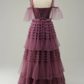 A Line Straps Mauve Tiered Prom Dress,Y2523