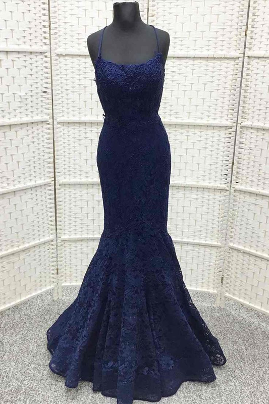 Navy Blue Lace Embroidered Lace-Up Trumpet Long Prom Dress Y6765