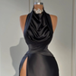 Black Long Evening Dress Satin Halter With High Slit Pleated Y4355