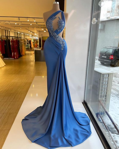 Blue Prom Dresses,One Shoulder Prom Dresses, Sexy Prom Dresses, Satin Prom Dresses,Evening Gowns Y4353