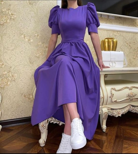 A-line Short Sleeve Purple Prom Dress,Purple Casual Dress Y6055