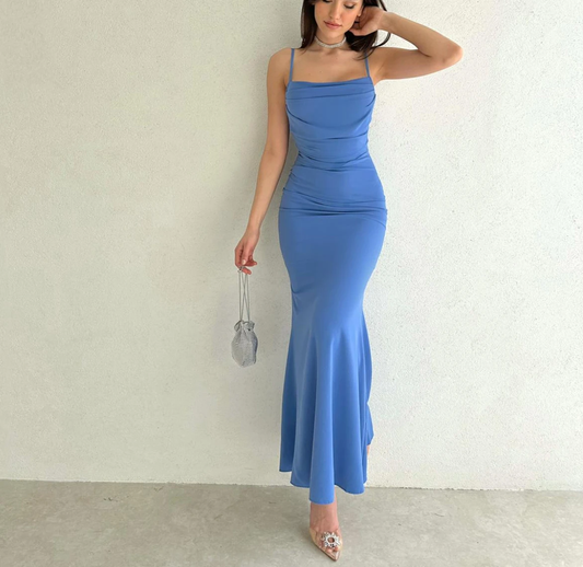Elegant Spaghetti Straps Blue Mermaid Prom Dress Y6668
