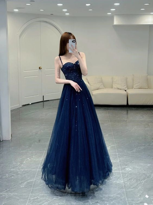 Elegant A line Straps Tulle Navy Blue Prom Dresses Formal Evening Dress Y6776