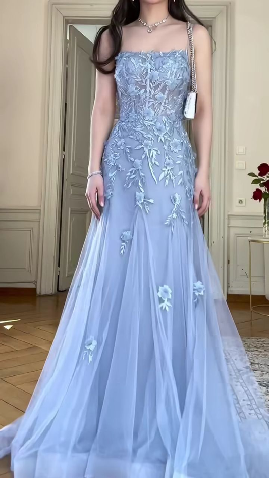 Classy Blue Tulle Appliques Mermaid Evening Dress,Long Prom Dress Y8156