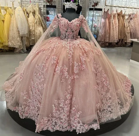 Pink Quinceanera Dresses Off Shoulder Flowers Lace Appliques Beaded Puffy Party Princess Sweet 16 Ball Gown  Y2936