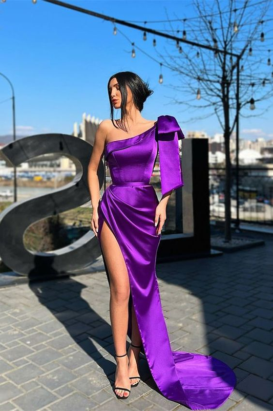 Purple One Shoulder Long Prom Dress With Slit Y4288