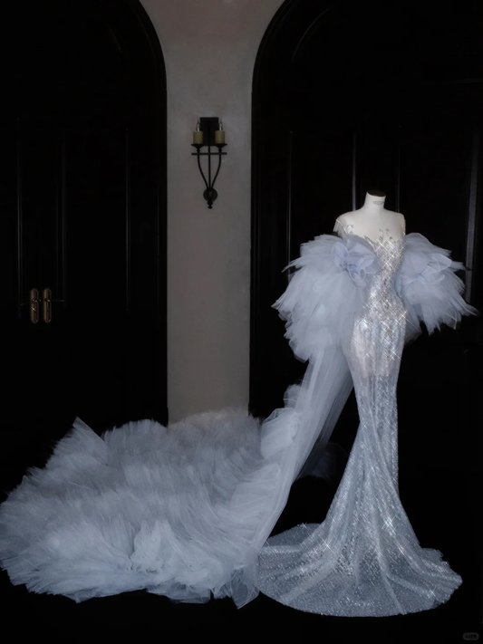 Beautiful Mermaid Sequin Beaded Evening Dress,Blue Tulle Prom Dress Y8690
