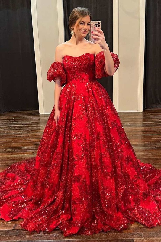 Red Floral Lace Strapless Ball Gown with Puff Sleeves Y5975