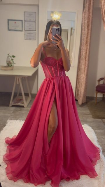 Hot Pink A Line Lace Bodice Side Slit Prom Dress Evening Gowns Y6808