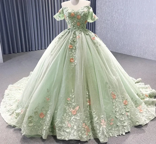 Matcha Green Off The Shoulder Floral Appliqués Shimmering Lace Up Back Quinceañera Pageant Special Occasion Gala Ball Gown Y2190