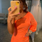 One Shoulder Orange Satin Tight Homecoming Dress with Beading Long Sleeves Y2905