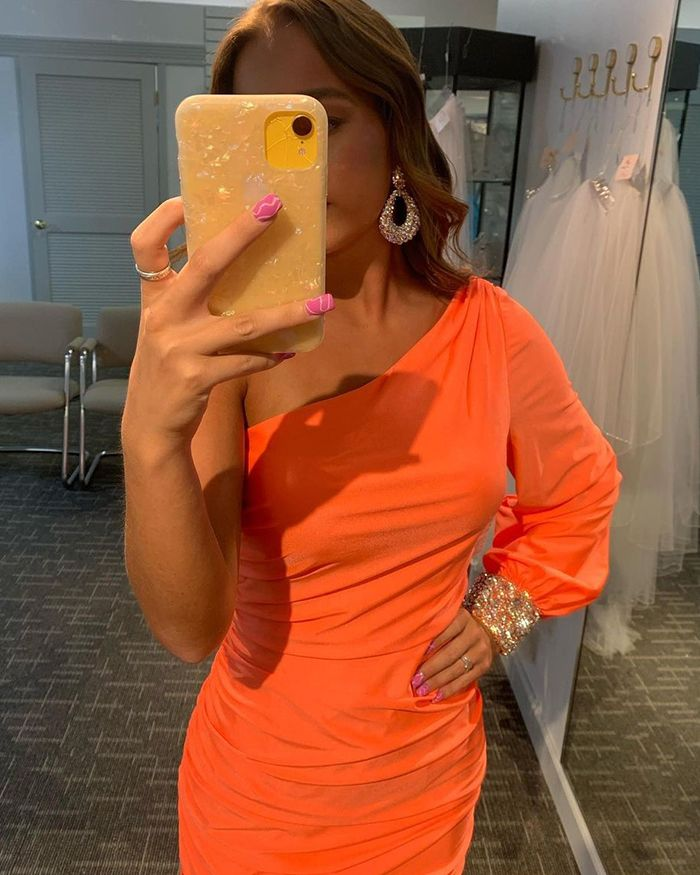 One Shoulder Orange Satin Tight Homecoming Dress with Beading Long Sleeves Y2905