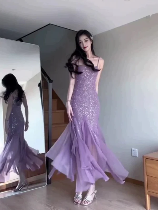 Sexy Mermaid Spaghetti Straps Purple Chiffon Beaded Evening Dress Prom Dress  Y7812