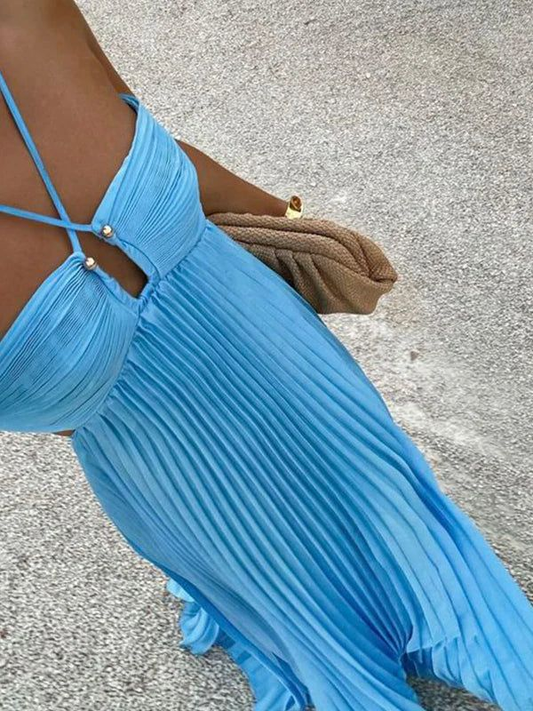 Sexy Blue Halter Spaghetti Strap A-line Long Prom Dress Backless Evening Dress Y8090