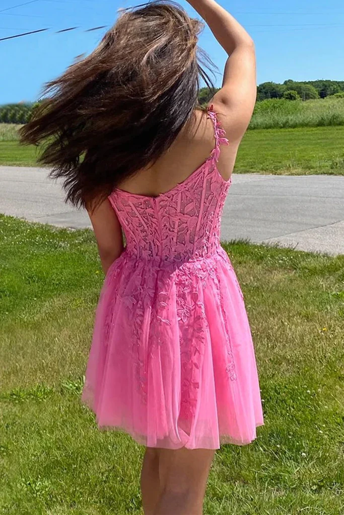 Hot Pink Lace Homecoming Dress, Hot Pink Formal Graduation Dress Y2891