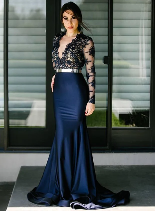 Sexy Sheer Deep V Neck Mermaid Prom Dresses Lace Applique Royal Evening Dress Sweep Train Party Gowns Prom Dresses  S5948