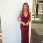 Burgundy Sexy Satin Plunging V- Neckline Long Prom Dress Evening Party Dress Y7536
